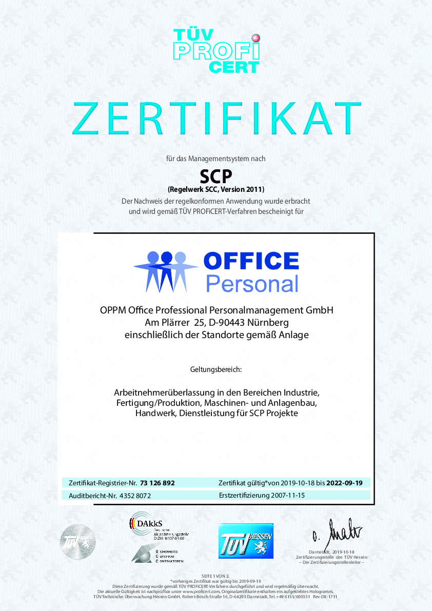 SCP Zertifikat OFFICE Personal bis 09 2018
