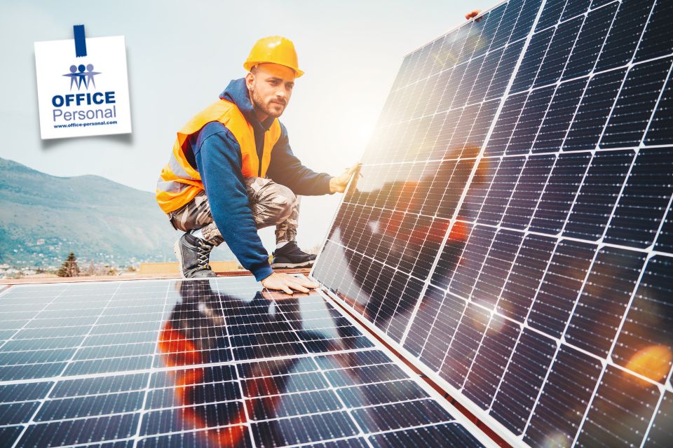 Monteur-Fotovoltaikanlagen, Solaranlagenbau, Monteur, Dach, Solaranlage, Mann
