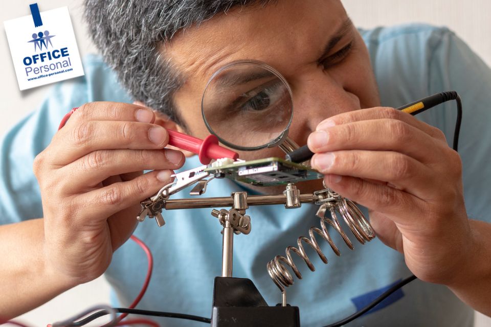 Servicetechniker, Reparieren, Prüfen, Mann, Lupe